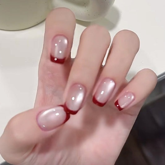 Handmade Red French Moonlight Glass Bead Cat Eye Press On Nails Christmas Nails Custom Size Nails