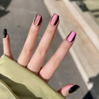 Handmade Black Base Pink Glass Bead Cat Eye Press On Nails Glitter Nails Dark Nails Glass Bead Nails Cat Eye Nails