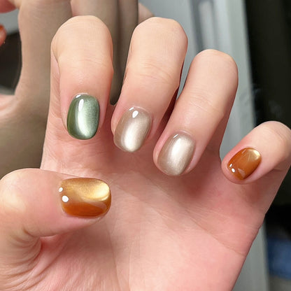Handmade Autumn Colorful Brown Glass Bead Cat Eye Press On Nails  Custom Brown Glass Bead Reusable Nails