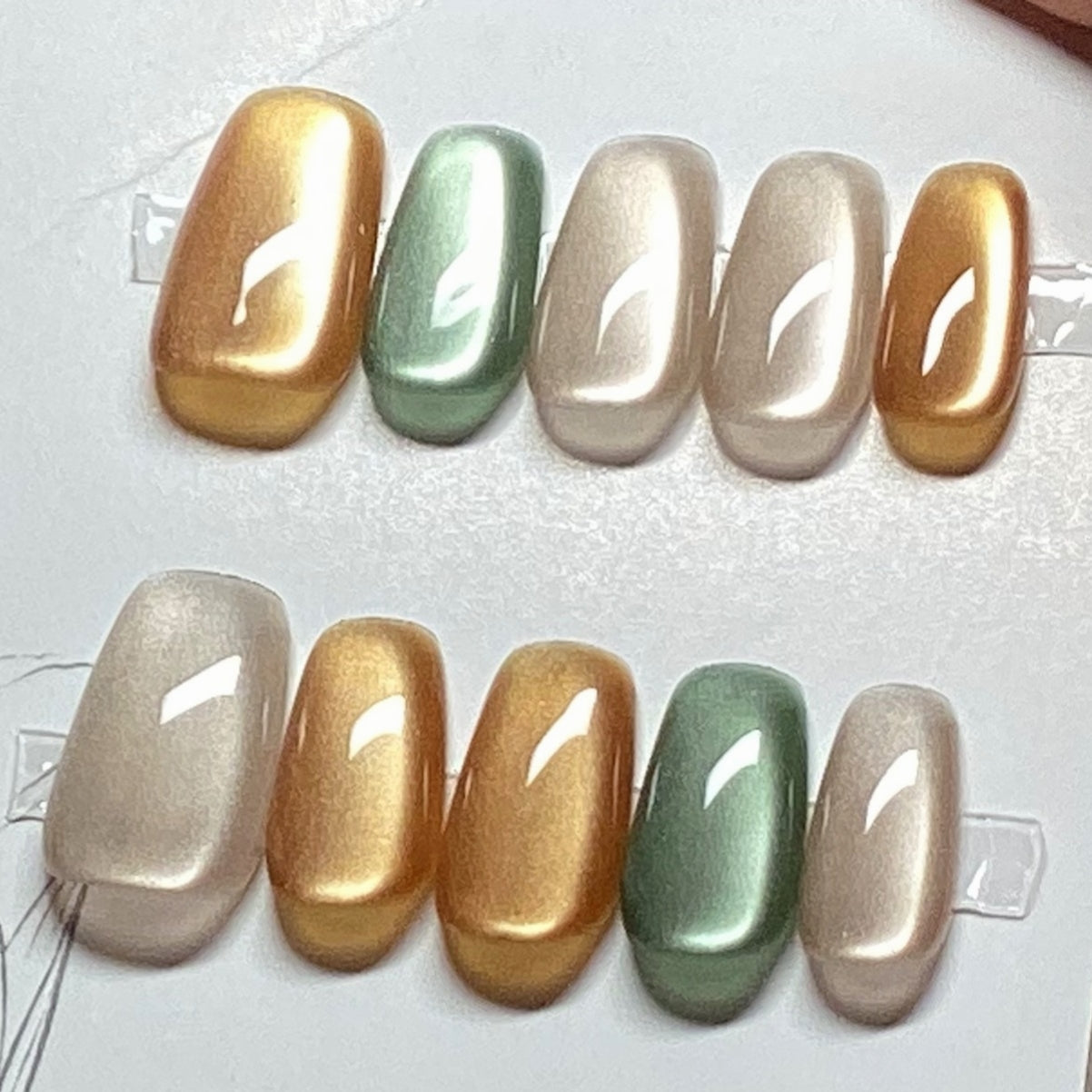 Handmade Autumn Colorful Brown Glass Bead Cat Eye Press On Nails  Custom Brown Glass Bead Reusable Nails