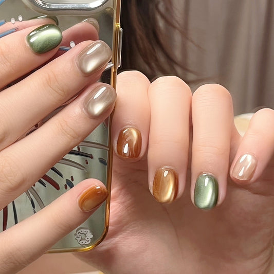 Handmade Autumn Colorful Brown Glass Bead Cat Eye Press On Nails  Custom Brown Glass Bead Reusable Nails