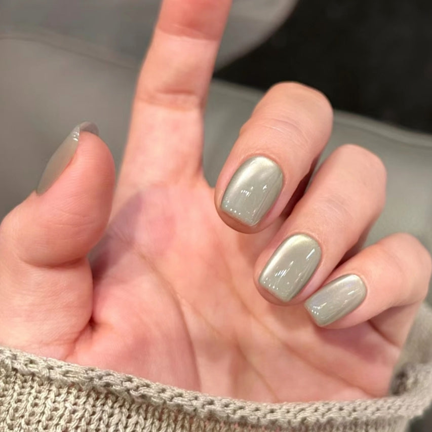 Handmade Jade Gray Green Side Glass Bead Cat Eye Press On Nails Cat Eye Nails Glass Bead Nails Gray Green Nails