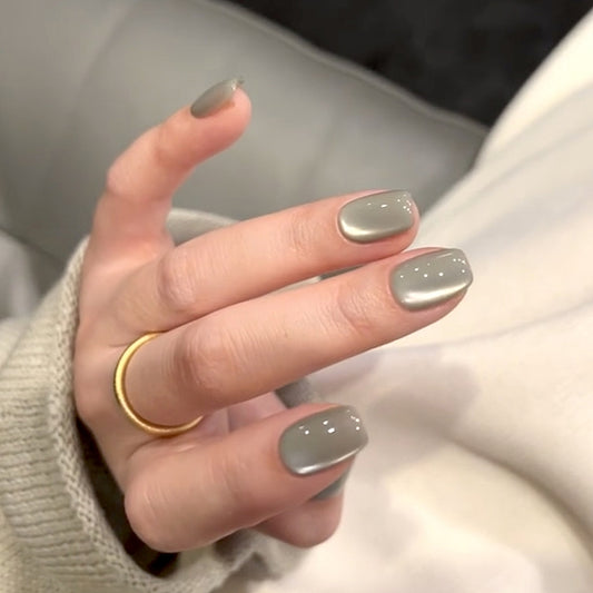 Handmade Jade Gray Green Side Glass Bead Cat Eye Press On Nails Cat Eye Nails Glass Bead Nails Gray Green Nails