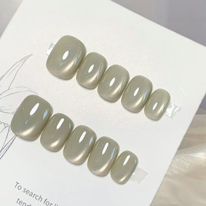 Handmade Jade Gray Green Side Glass Bead Cat Eye Press On Nails Cat Eye Nails Glass Bead Nails Gray Green Nails