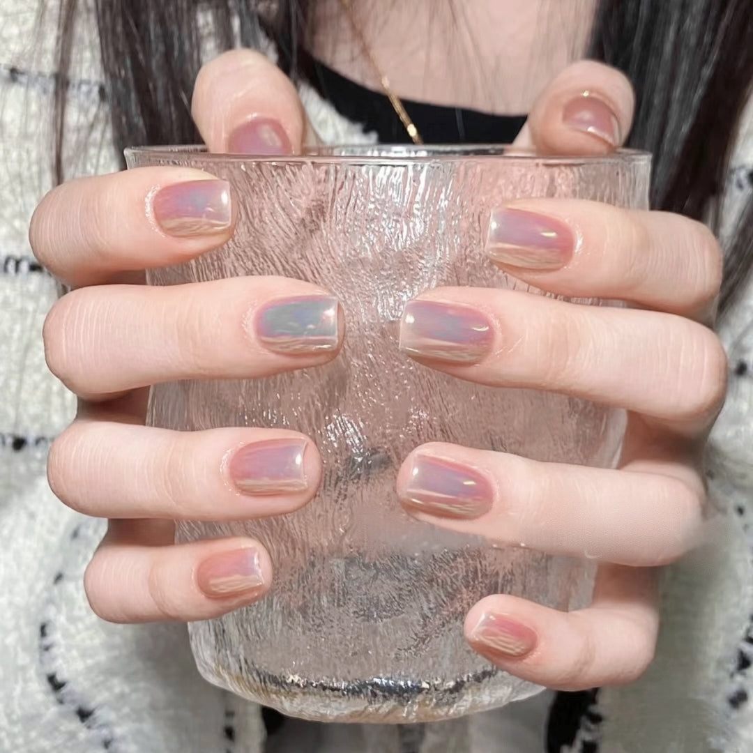 Handmade Pearl Shell Nude Pink Light Gold Aurora Reflective Mirror Glitter Press On Nails
