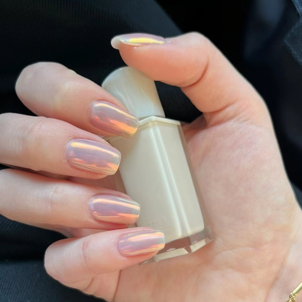 Handmade Pearl Shell Nude Pink Light Gold Aurora Reflective Mirror Glitter Press On Nails