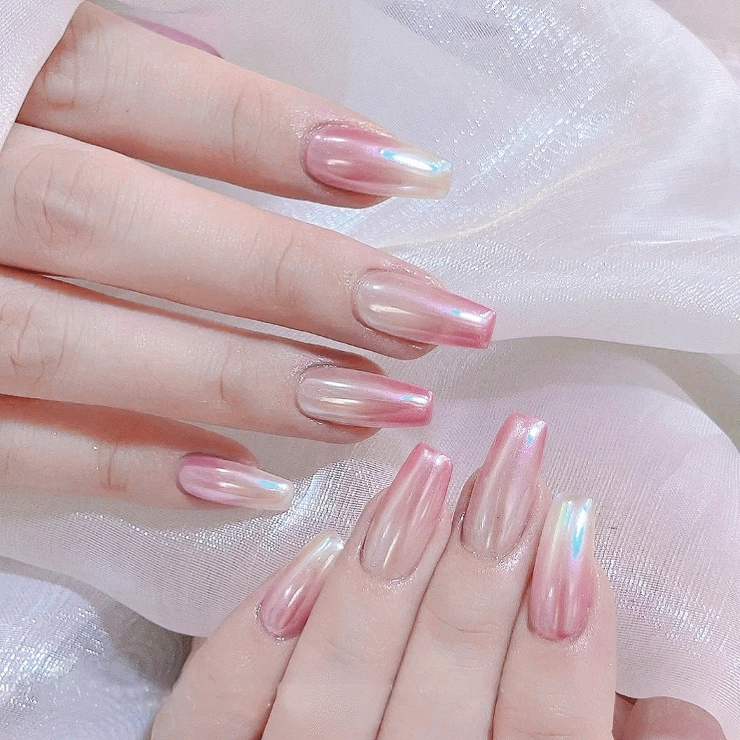 Handmade Pearl White Pink Ombre Aurora Press On Nails Aurora Nails Pearl Light Nails Pearl White Nails Pearl Pink Nails Office Nails