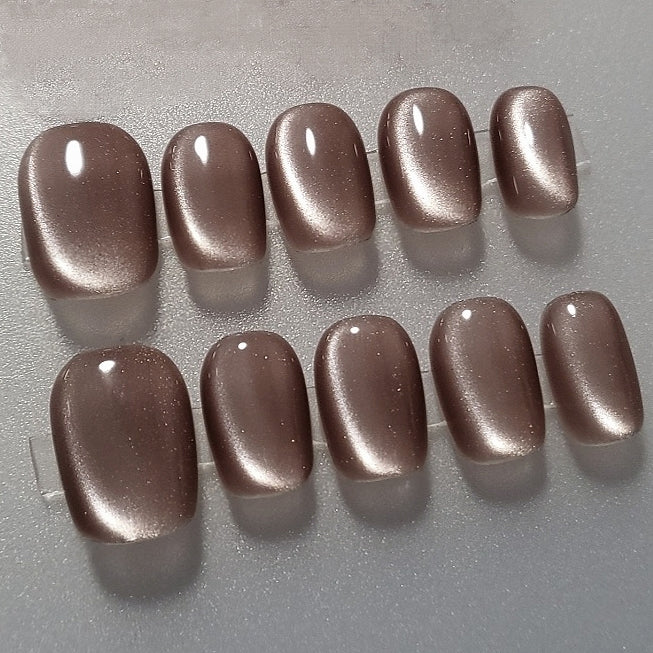 Handmade Light Gray Brown Base Silver White Side Cat Eye Press On Nails Cat Eye Nails Glass Bead Nails Custom Shape Nails Custom Size Nails