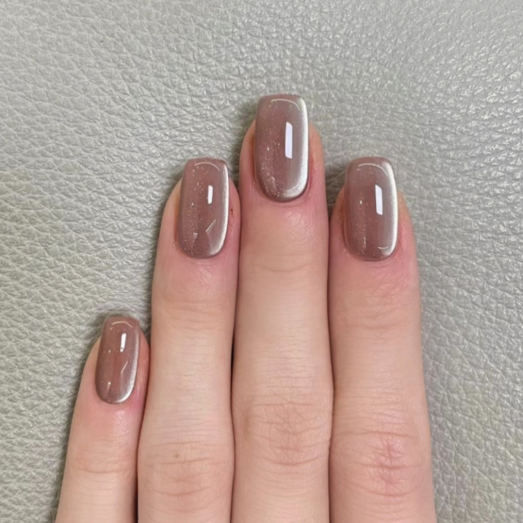 Handmade Light Gray Brown Base Silver White Side Cat Eye Press On Nails Cat Eye Nails Glass Bead Nails Custom Shape Nails Custom Size Nails