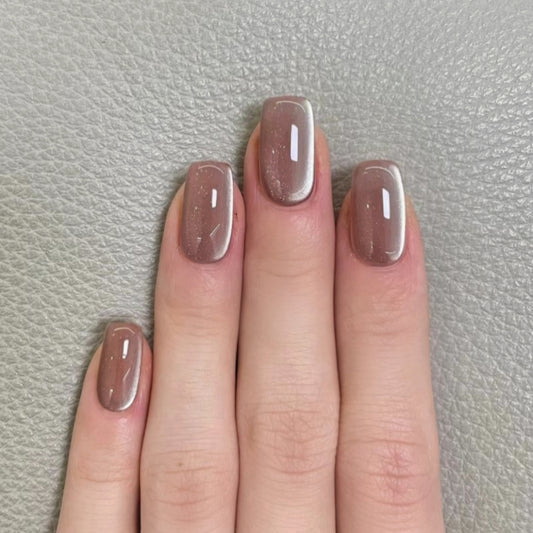 Handmade Light Gray Brown Base Silver White Side Cat Eye Press On Nails Cat Eye Nails Glass Bead Nails Custom Shape Nails Custom Size Nails