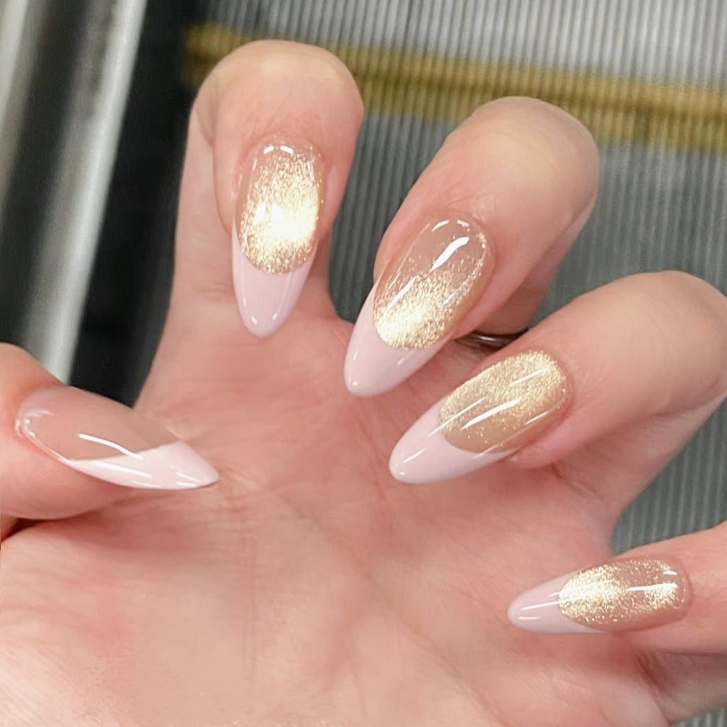 Handmade Pink French Chasing Light Glitter Cat Eye Press On Nails Cat Eye Nails Moonlight Cat Eye