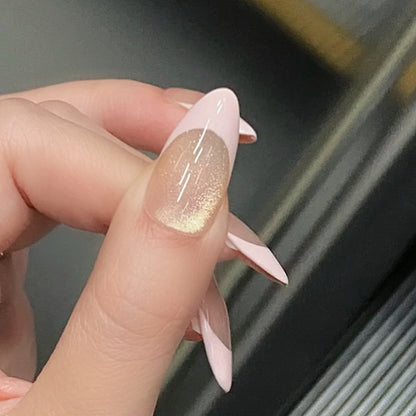 Handmade Pink French Chasing Light Glitter Cat Eye Press On Nails
