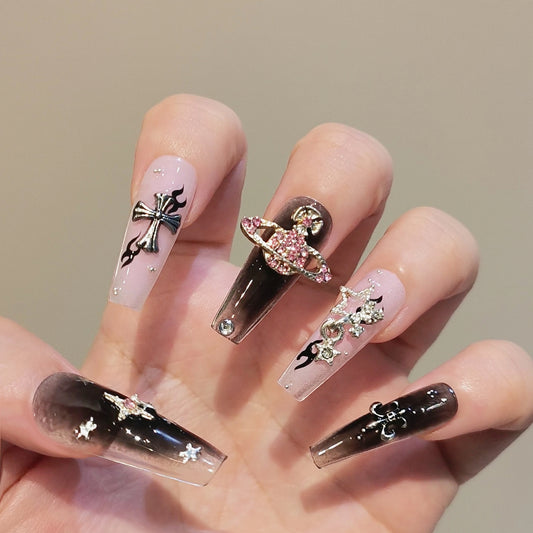 NailYui Handmade Black Pink Metalic Saturn Gem Sliver Star Cross Flame Goth Press On Nails Nails
